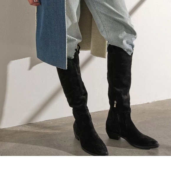 FREE PEOPLE Rue Knee High Suede Slouch Western Black Tall Boots Size  EU37 US7 - Picture 2 of 9